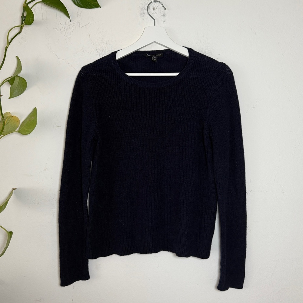 Eileen Fisher Navy Blue Ribbed Knit Organic Cotton & Hemp Sweater - S